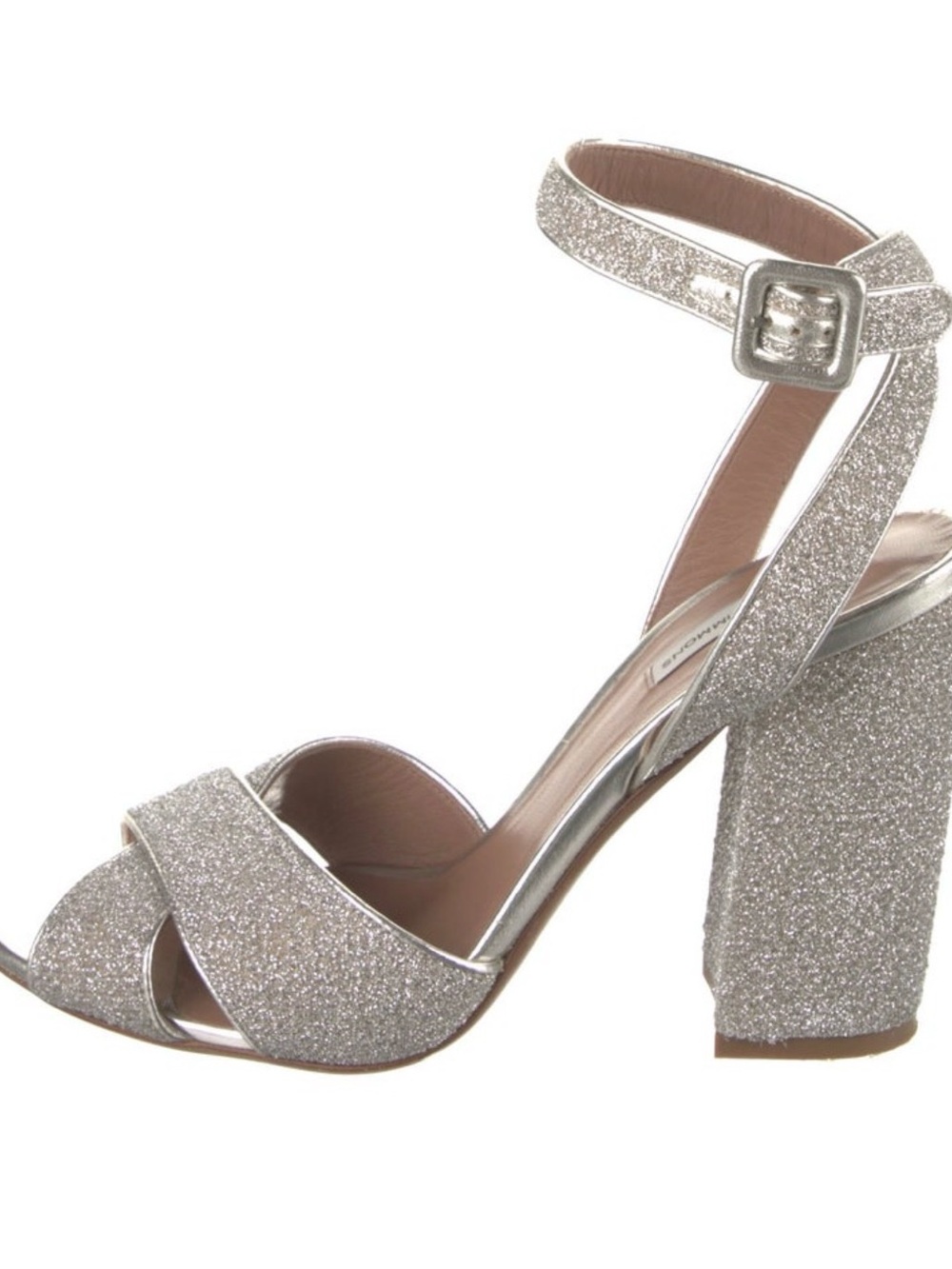 Tabitha Simmons Silver Glitter Block-Heel Ankle Strap Sandals